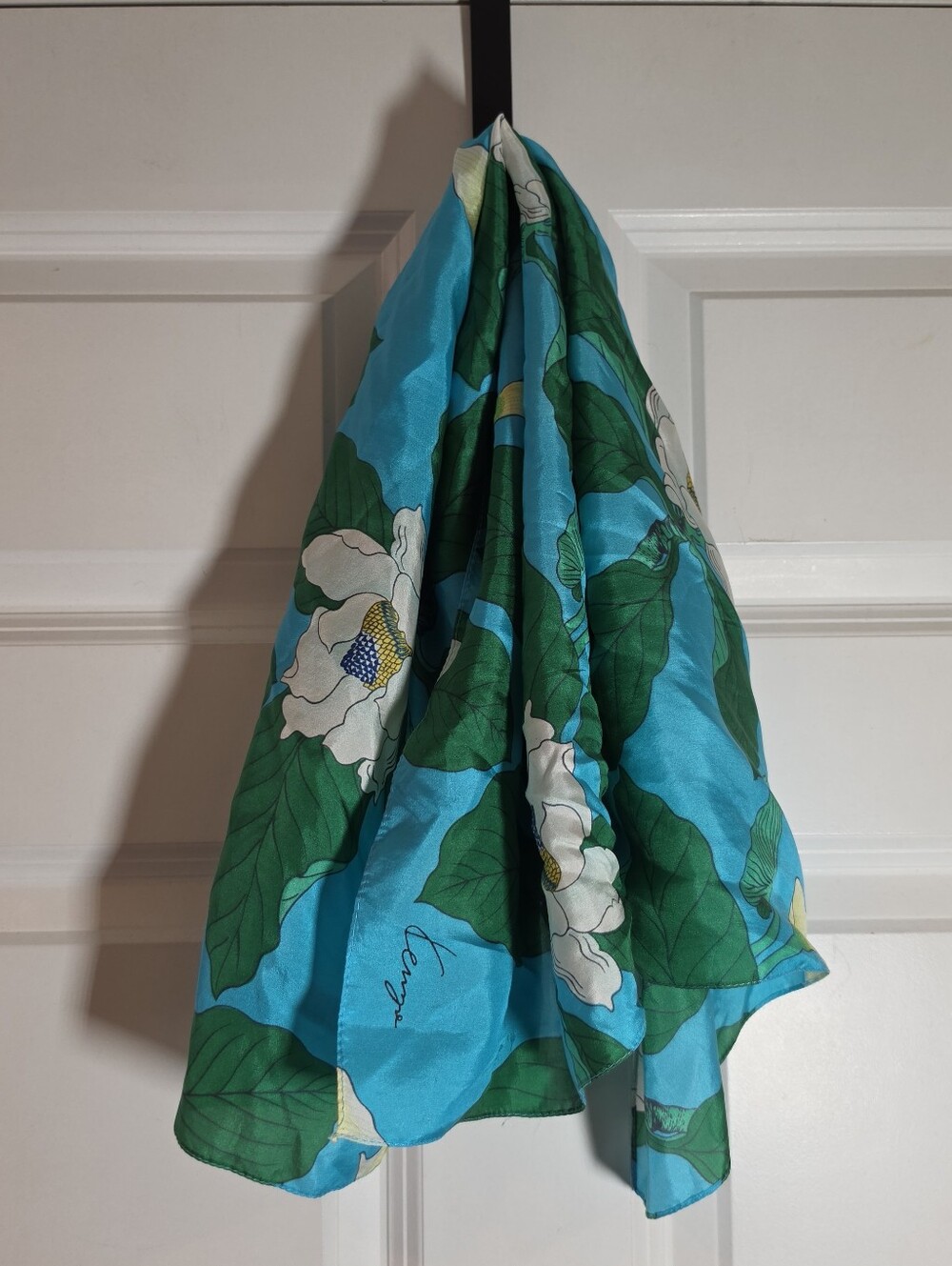 Kenzo Vintage Blue And Green Floral Silk Scarf 34in X 34in